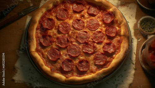 Freshly baked gourmet pizza with mozzarella, salami, and tomato slice generated by AI