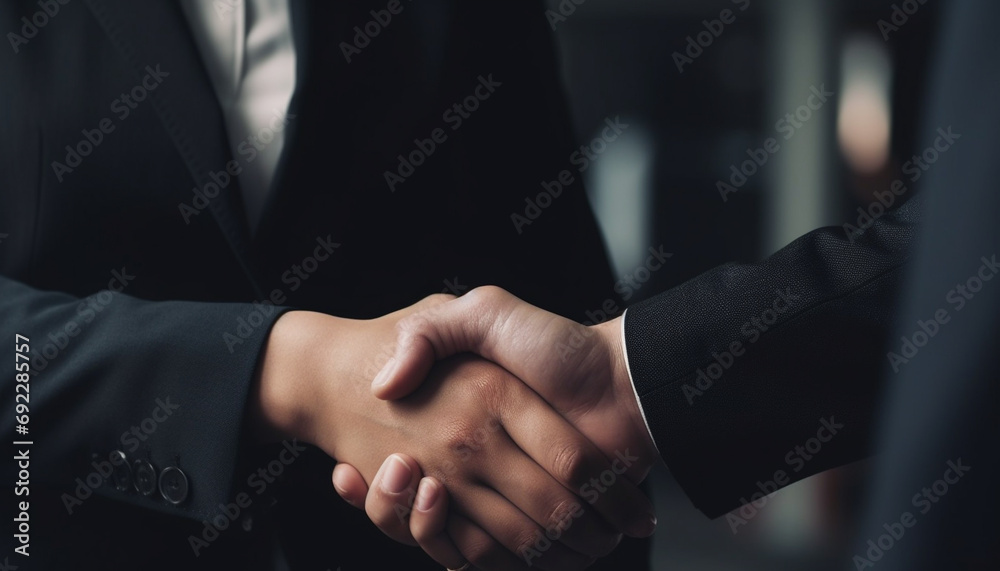 Successful business agreement between two well dressed professionals shaking hands generated by AI
