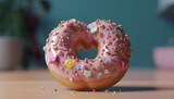 Heart shaped donut with pink icing, multi colored sprinkles, and strawberry decoration generated by AI