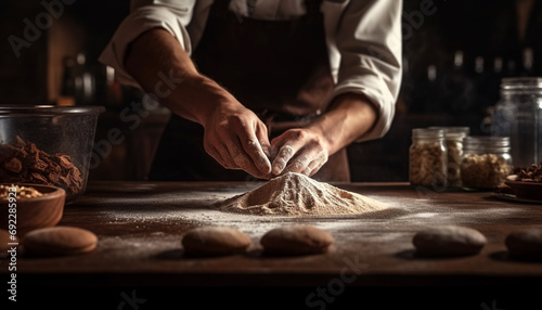 One man preparing homemade baked pastry item in domestic kitchen generated by AI