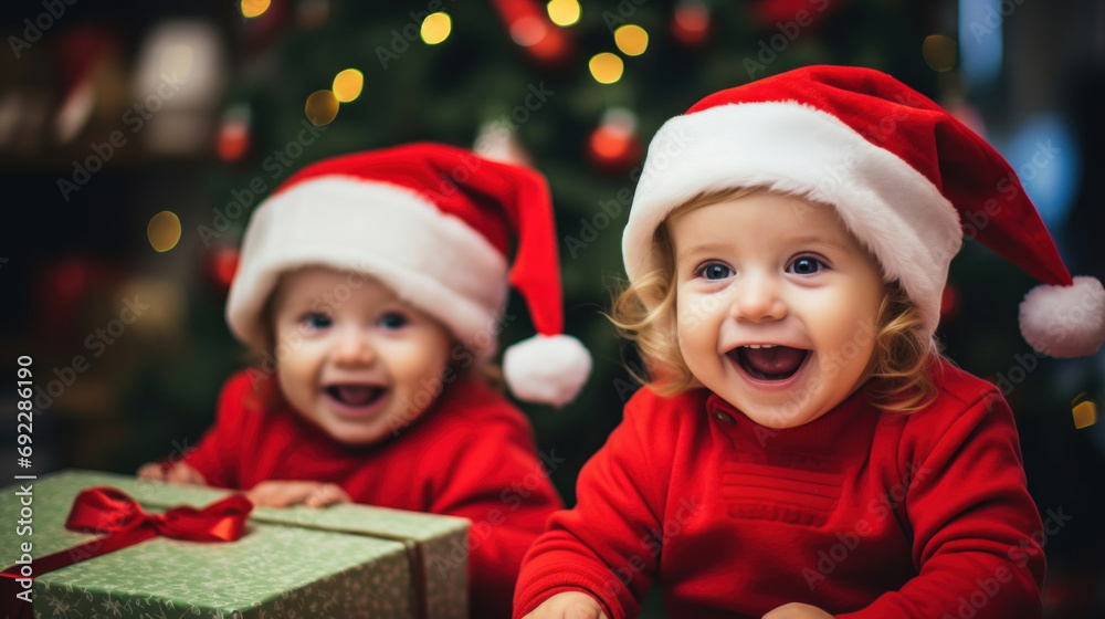 Happy kids in Santa hats in kindergarten