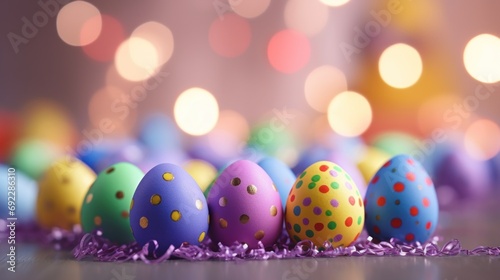 Colorful easter eggs on bokeh background, close up