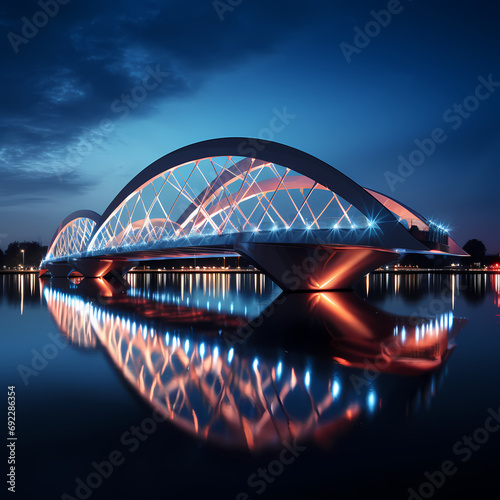 Modern bridge with reflections in the calm water below.