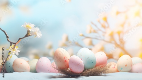 Colorful easter eggs in nest and spring flowers on blue background