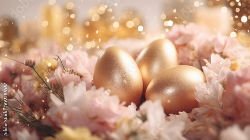 Golden Easter eggs in nest with flowers on bokeh background.