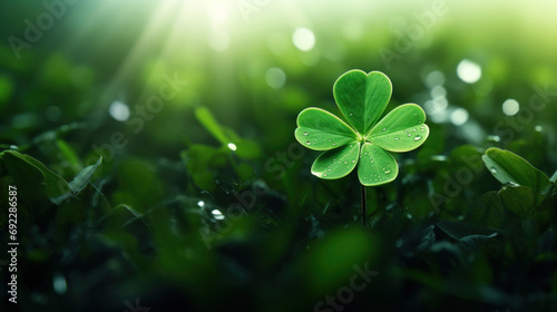Green clover leaf with sunbeams and bokeh background