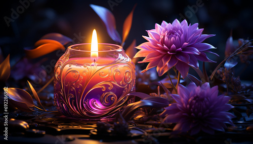 Flame burning, candle glowing, flower petal, nature ornament generated by AI