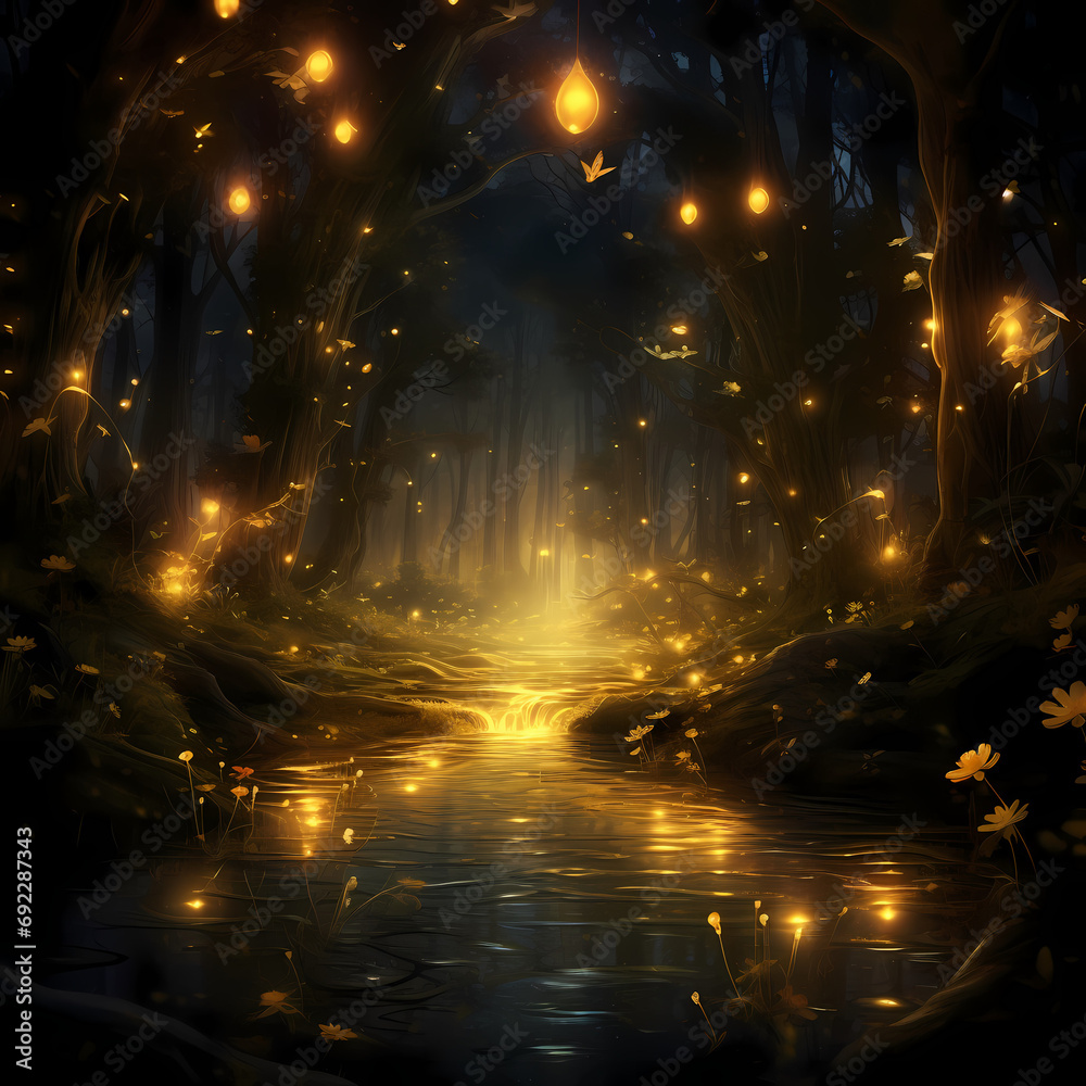 Mysterious forest illuminated by the soft glow of fireflies.