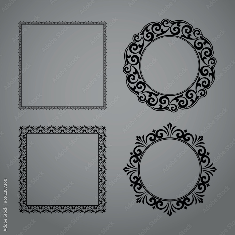Set of decorative frames Elegant vector element for design in Eastern style, place for text. Floral black and gray borders. Lace illustration for invitations and greeting cards Set of decorative frames Elegant vector element for design in Eastern style, place for text. Floral black and gray borders. Lace illustration for invitations and greeting cards