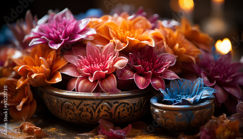 Pink flower head in vase, adding beauty indoors generated by AI