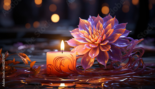 Glowing flame illuminates single flower in nature generated by AI