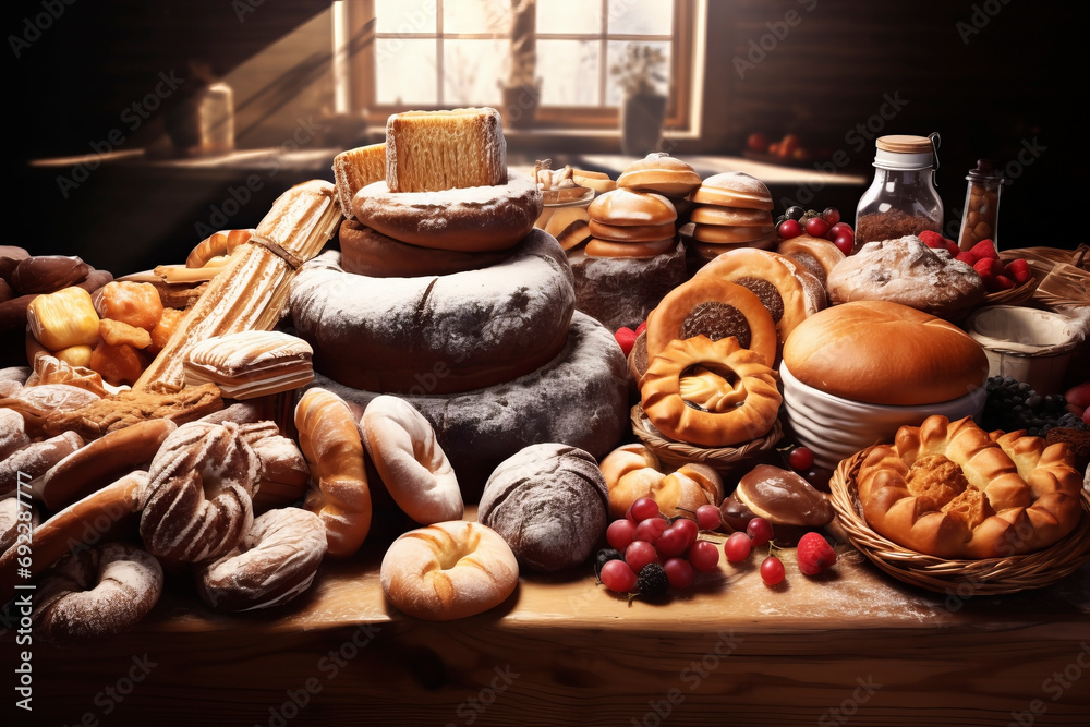 Various baked goods on a dark background. Generative AI