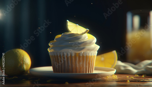 Homemade lemon cupcakes with chocolate icing on wooden table background generated by AI