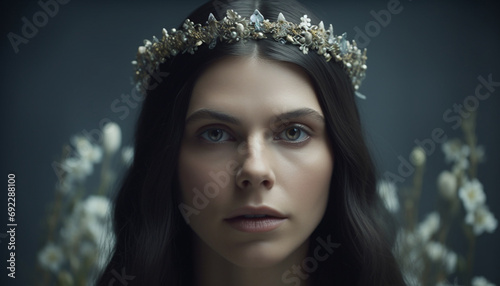 One beautiful young adult woman wearing a crown and tiara generated by AI