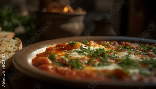 Freshly baked homemade pizza on rustic wooden table with mozzarella generated by AI