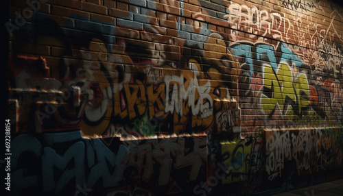 Abstract graffiti mural illuminates weathered brick wall in city chaos generated by AI