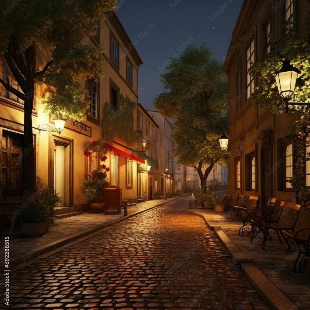 Evening Lights in Old Town Cobblestone Streets