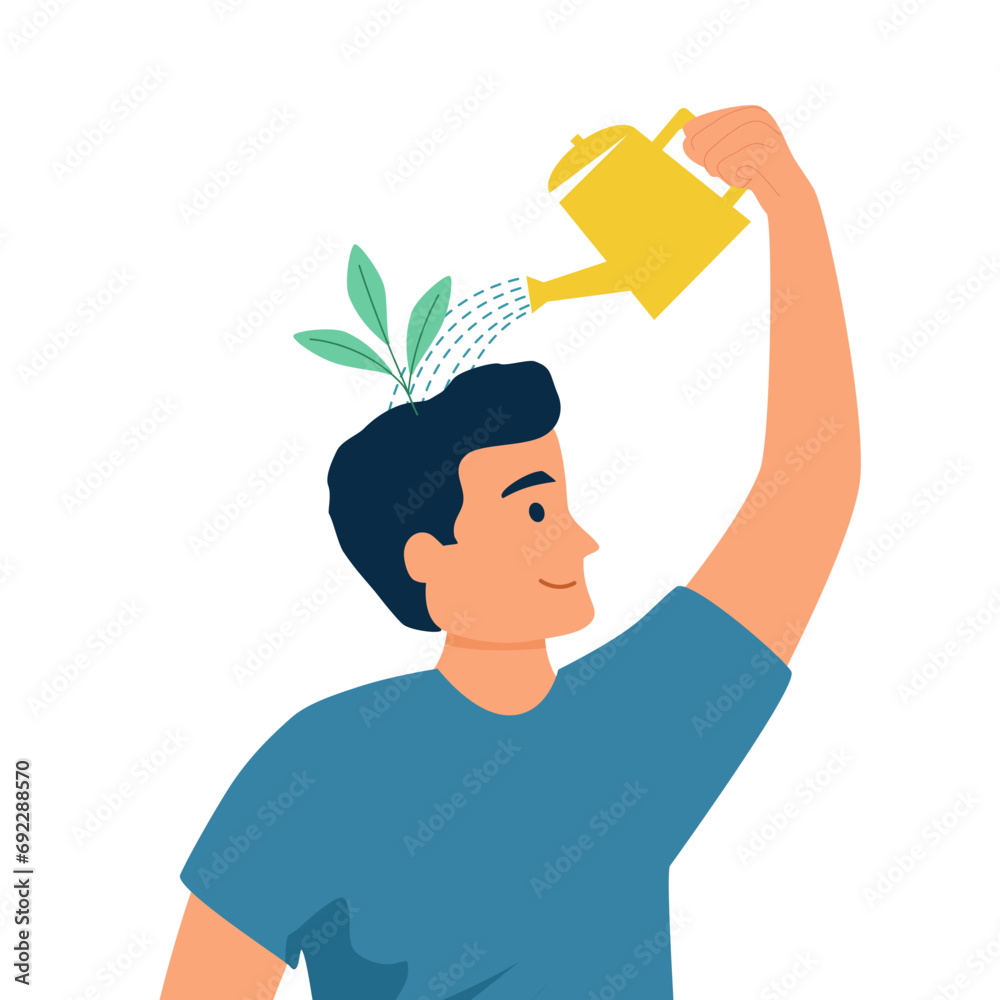 Self care or self compassion concept vector illustration. Mental health or psychological therapy. Ma watering plant on his head in flat design. Self care or self compassion concept vector illustration. Mental health or psychological therapy. Ma watering plant on his head in flat design.