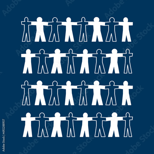 Unity together of social community. Paper dolls with diverse people symbol holding hands. Human paper chain.