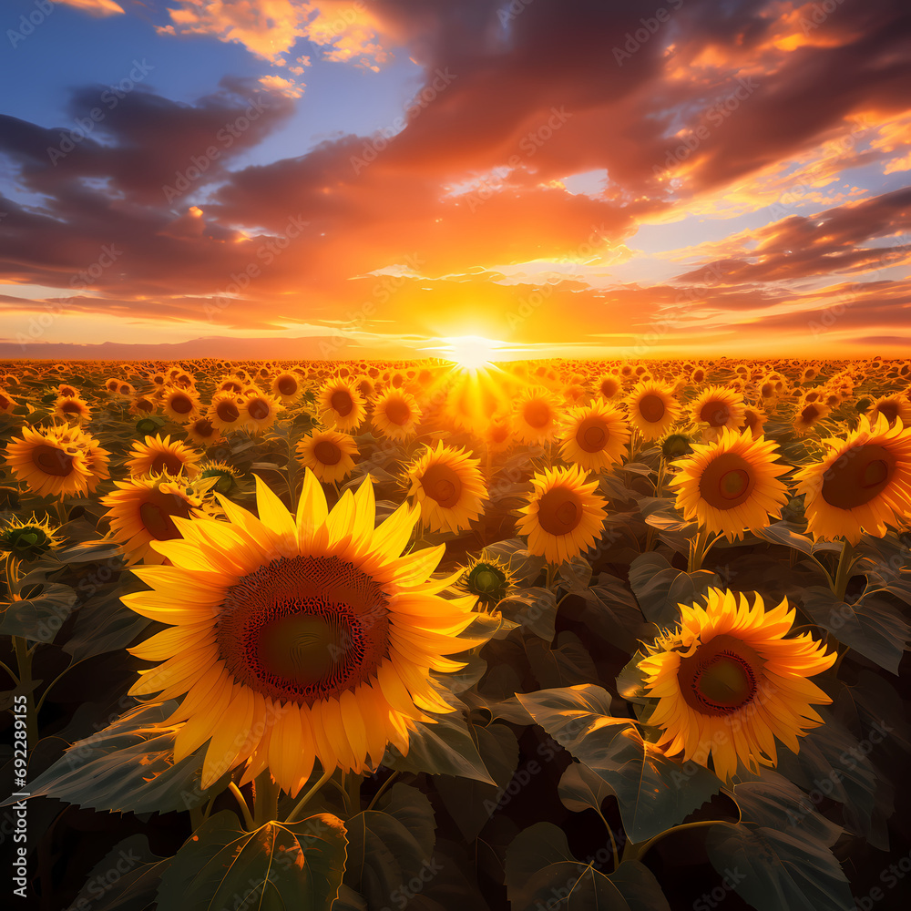 Sunflower field bathed in the warm and golden light of the setting sun