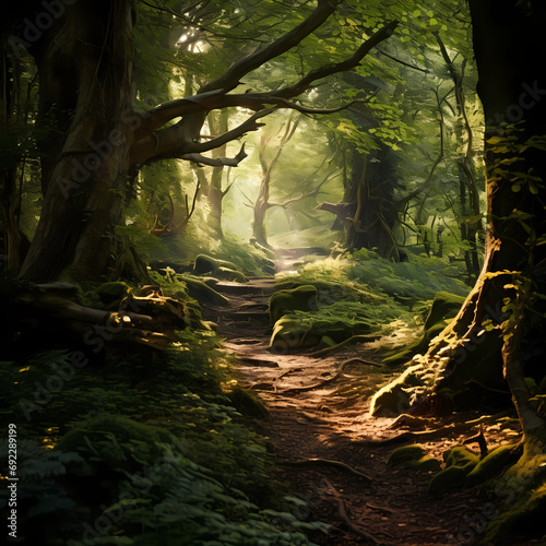 Sunlight filtering through the dense foliage of an ancient, mystical forest © Cao