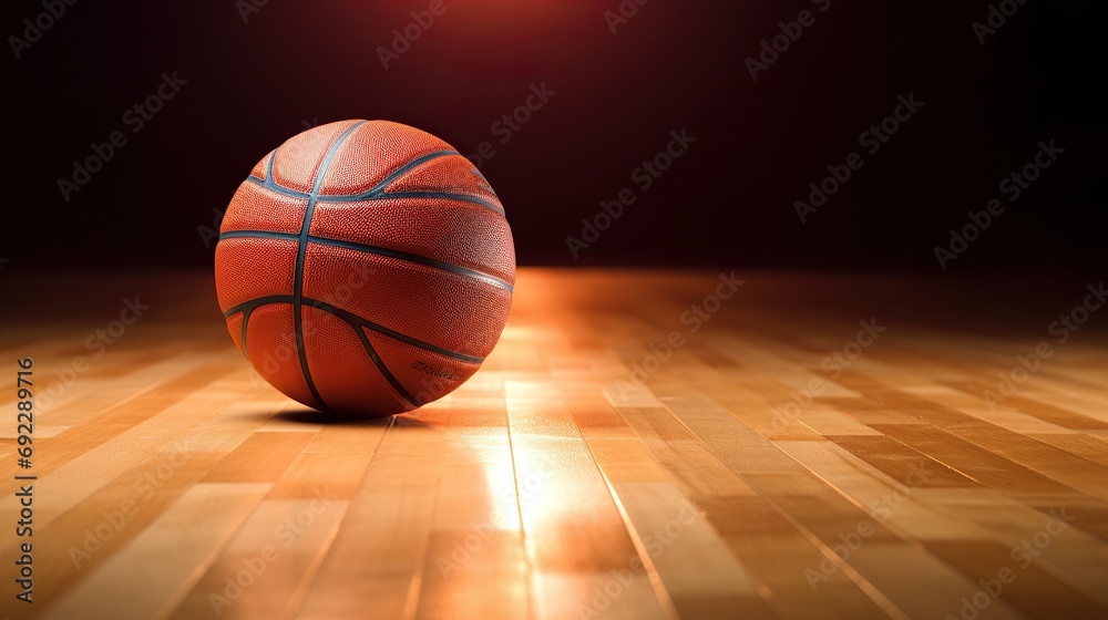Basketball ball on wooden floor and sport arena