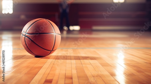 Basketball ball on wooden floor and sport arena