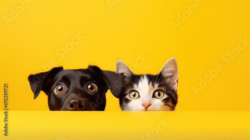 Happy sitting and panting Golden retriever dog and blue Maine Coon cat looking at camera, Isolated on yellow background.