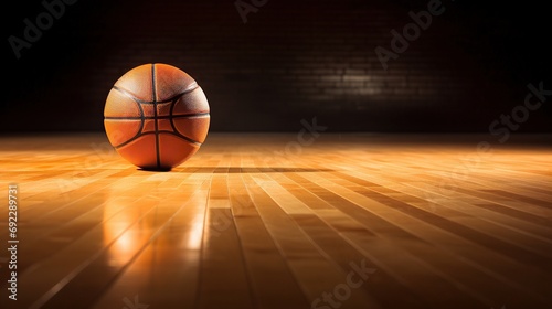 Basketball ball on wooden floor and sport arena photo