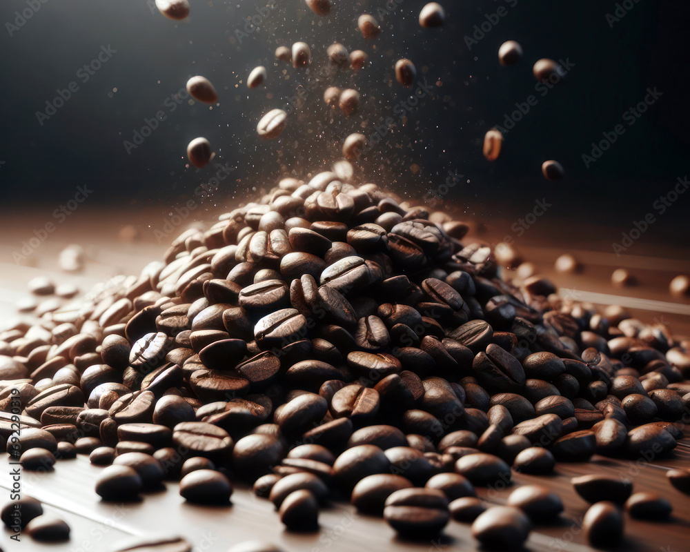 abstract delicious falling coffee beans on to wooden table abstract delicious falling coffee beans on to wooden table