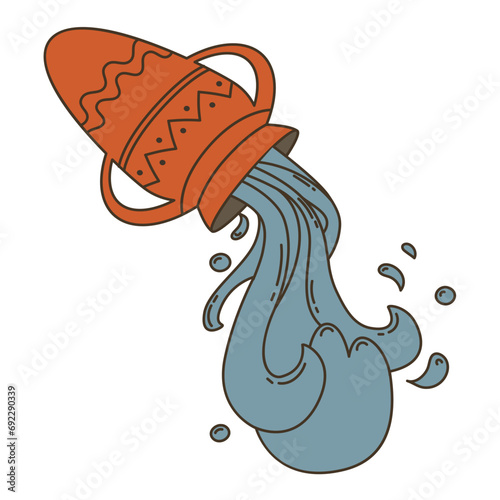 Water pours out of an amphora. Ancient jug with water. Flat vector illustration.
