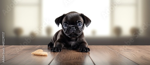 Black pug puppy eating snack on floor. photo
