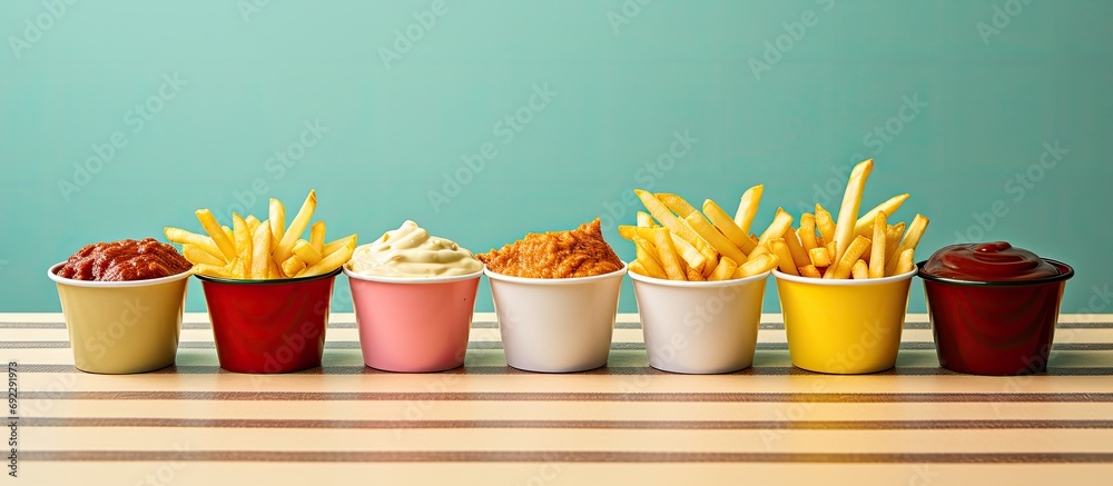 Condiments in cups on a fast food table, for fries. - obrazy, fototapety, plakaty 