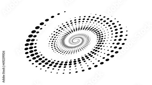 Spiral dotted line element. Radial spinning halftone texture. Circle swirl dots shape in perspective. Black abstract background for poster, banner, logo, icon, collage, presentation, emblem. Vector
