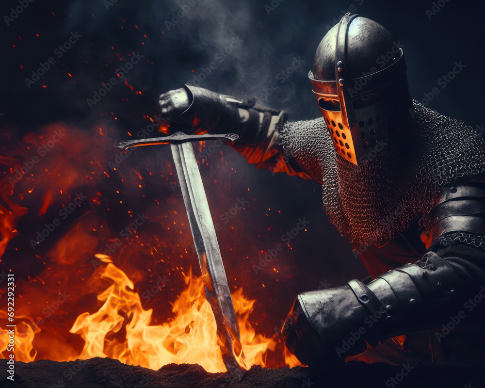 closeup of a knight in battered armor fighting in a battle closeup of a knight in battered armor fighting in a battle