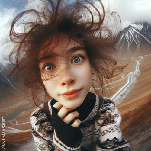 young woman with messy hair taking selfie with fisheye lens photo