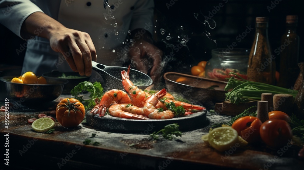 Craft an AI-rendered composition highlighting the precise techniques of a chef as they prepare shrimps with string beans in an Eastern kitchen, 