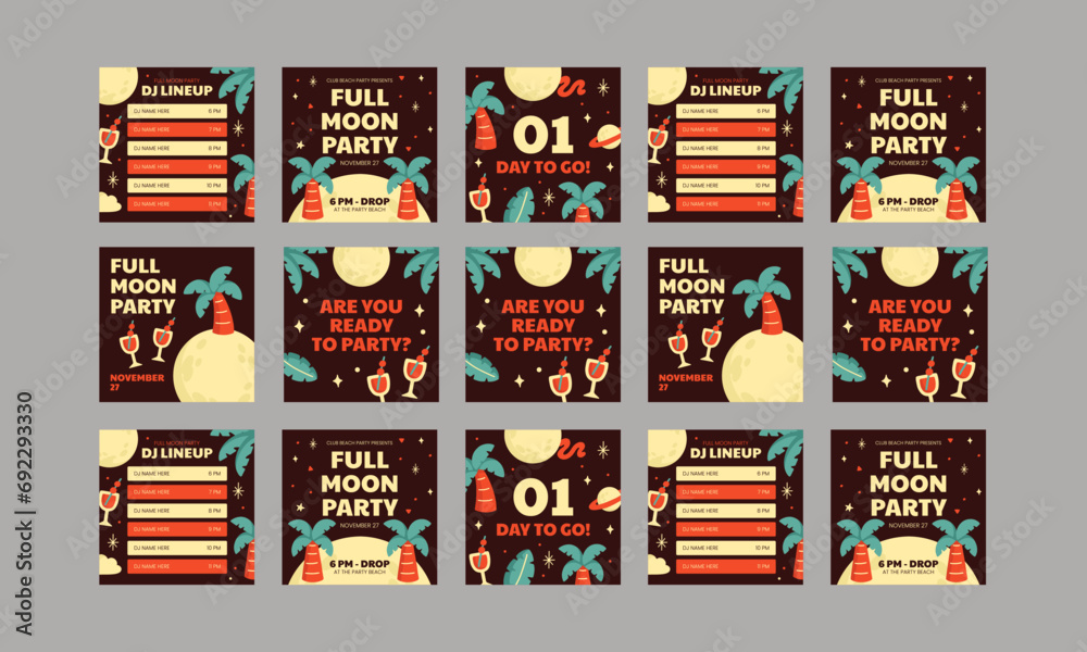 moon party social media post vector flat design set - obrazy, fototapety, plakaty 