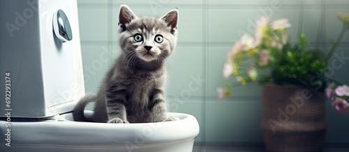 Gray kitten using cat toilet for bathroom needs