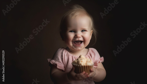 Cute baby girl smiling while eating sweet cupcake indoors generated by AI