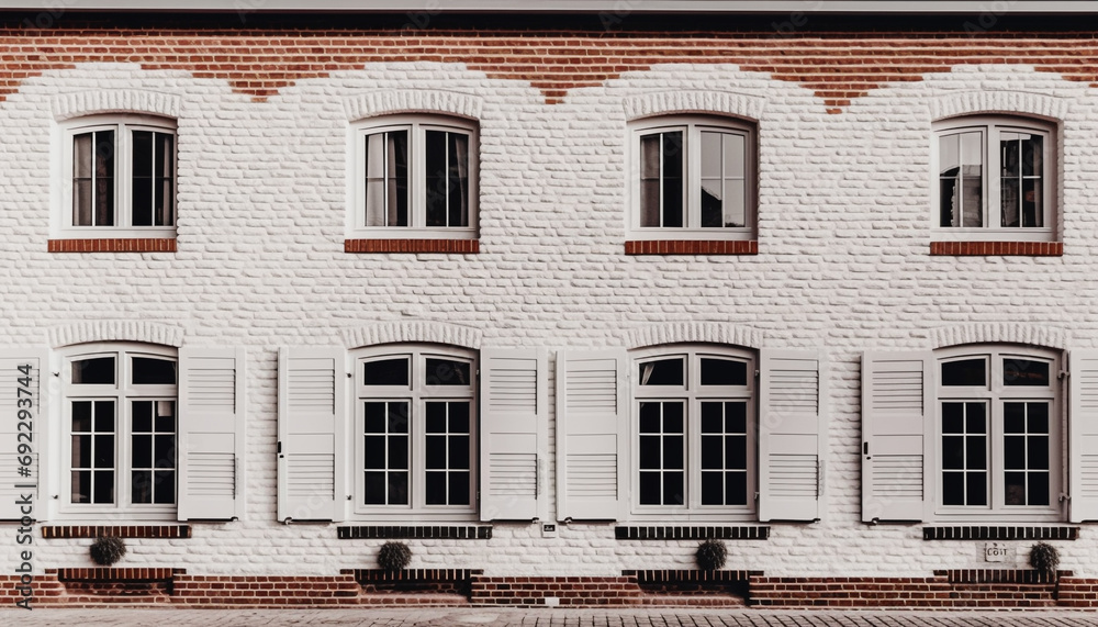 Fototapeta premium Row of old fashioned brick buildings with elegant stucco facades generated by AI