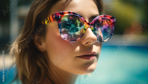 Smiling young women enjoy summer vacations outdoors with sunglasses on generated by AI