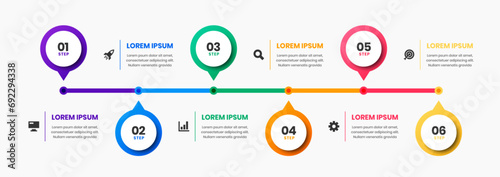 Timeline Business Infographic Template with Circle 
Label, Icon and 6 Steps. Suitable for Process Diagram, Presentations, Workflow Layout, Banner, Flow Chart, Infographic.