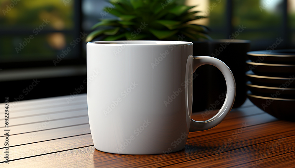 Fototapeta premium Coffee cup on wooden table, close up generated by AI
