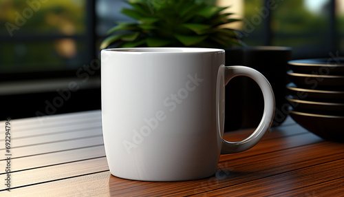 Coffee cup on wooden table, close up generated by AI