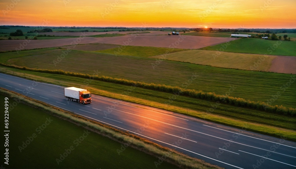 truck driving on the asphalt road in rural landscape at sunset