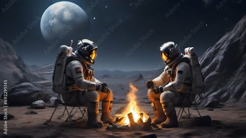 Astronauts have conversation in the moon with campfire