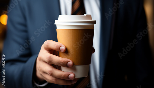 Businessman holding coffee cup, walking in the city generated by AI
