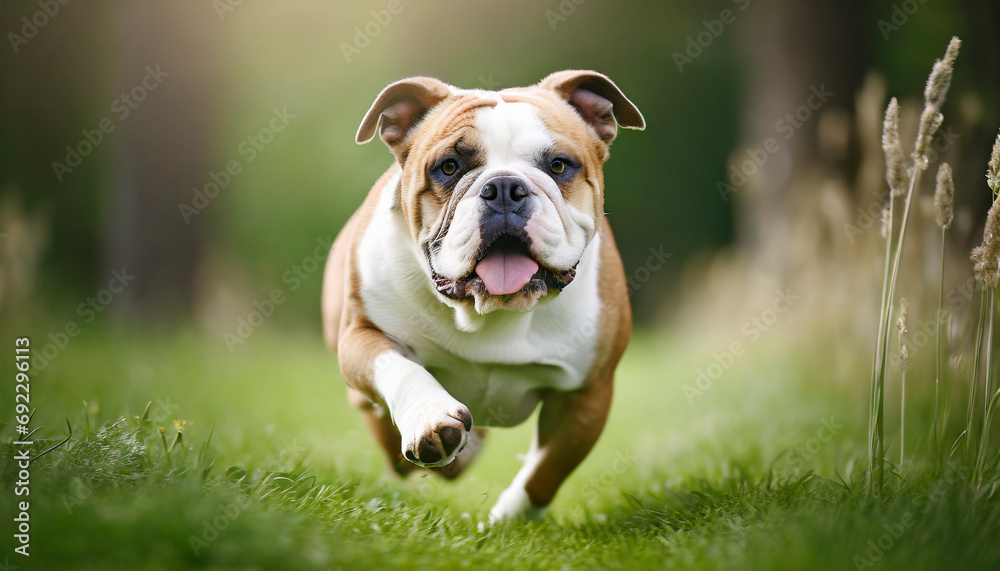 English Bulldog running on the grass in a park. Shallow depth of field.
