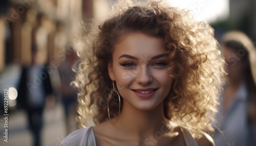 One young adult woman, with curly brown hair, smiling outdoors generated by AI